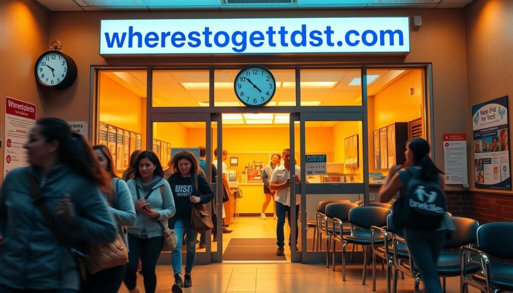 A busy urgent care clinic, its signage prominently displaying the "wheretogetstdtest.com" brand. The entrance is bathed in warm, fluorescent lighting, casting a sense of urgency and immediacy. Patients hurry through the sliding doors, their faces etched with concern. The waiting room is filled with an array of chairs, magazines, and a prominently placed clock, emphasizing the need for timely medical attention. The walls are adorned with informative posters and directional signs, guiding visitors to the appropriate stations. The overall atmosphere conveys a sense of professionalism and efficiency, underscoring the importance of seeking immediate care for potential flu or STD symptoms.