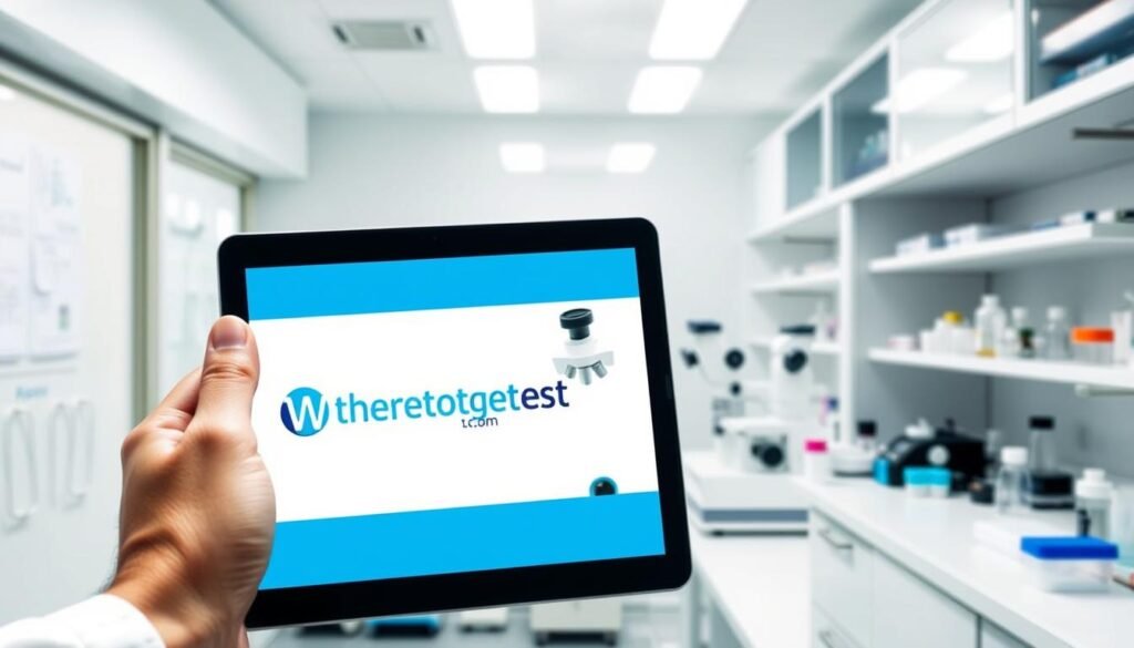 A clean, well-lit medical laboratory setting with modern equipment and supplies. In the foreground, a doctor's hand holds a tablet displaying the wheretogetstdtest.com logo, showcasing treatment information for gonorrhea. The middle ground features a microscope, test tubes, and other diagnostic tools. The background has a white, sterile atmosphere with subtle medical charts or diagrams visible. The lighting is bright and clinical, conveying a sense of professionalism and authority. The overall mood is informative and reassuring, suitable for an article on effective gonorrhea treatment solutions.