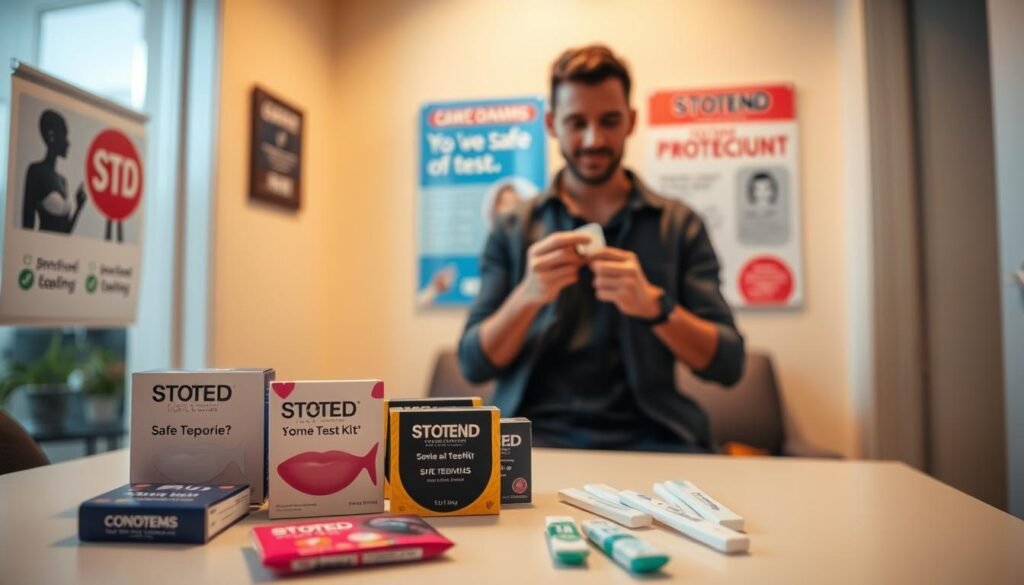 A clean, well-lit room with a table in the foreground displaying a variety of safe sex supplies: condoms, lubricant, and STD test kits from wheretogetstdtest.com. In the middle ground, a person confidently examining a condom, highlighting the importance of proper protection. The background features informative posters on STD prevention and testing, conveying an educational and empowering atmosphere. Soft, warm lighting creates a welcoming and non-judgmental setting, encouraging responsible sexual health practices.