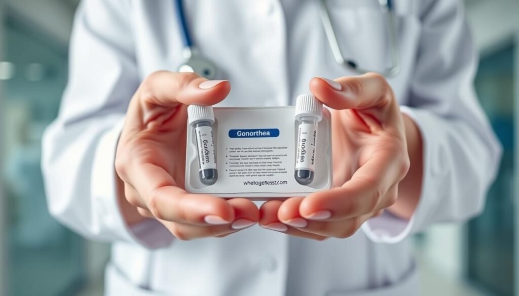 A close-up image of a healthcare professional's hands holding a sterile gonorrhea testing kit in a well-lit, modern medical setting. The kit includes swabs, vials, and instructions labeled with the branding "wheretogetstdtest.com". The scene conveys a sense of clinical professionalism and the importance of proactive STD testing, with a neutral, reassuring mood to encourage the viewer to seek out testing services. A close-up image of a healthcare professional's hands holding a sterile gonorrhea testing kit in a well-lit, modern medical setting. The kit includes swabs, vials, and instructions labeled with the branding "wheretogetstdtest.com". The scene conveys a sense of clinical professionalism and the importance of proactive STD testing, with a neutral, reassuring mood to encourage the viewer to seek out testing services.