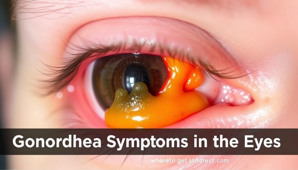 A close-up view of a human eye, showcasing the tell-tale signs of gonorrhea infection. The eye appears reddened, with a thick, yellowish discharge oozing from the inner corner. The lighting is bright and natural, capturing the details of the inflamed conjunctiva and the irritated sclera. The background is blurred, keeping the focus on the eye and its distressing condition. This image is intended to illustrate the section "Gonorrhea Symptoms in the Eyes" for the article on wheretogetstdtest.com. A close-up view of a human eye, showcasing the tell-tale signs of gonorrhea infection. The eye appears reddened, with a thick, yellowish discharge oozing from the inner corner. The lighting is bright and natural, capturing the details of the inflamed conjunctiva and the irritated sclera. The background is blurred, keeping the focus on the eye and its distressing condition. This image is intended to illustrate the section "Gonorrhea Symptoms in the Eyes" for the article on wheretogetstdtest.com.
