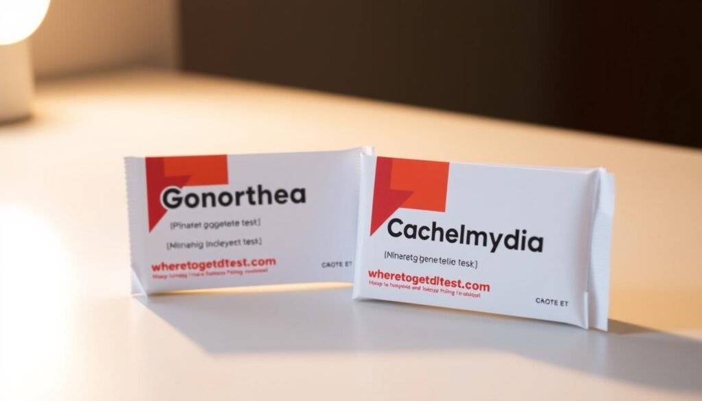 A close-up view of two sterile medical test kits for gonorrhea and chlamydia, placed on a clean, well-lit surface. The kits have the wheretogetstdtest.com logo prominently displayed, conveying a sense of professionalism and reliability. The lighting is soft and diffused, creating a warm, clinical atmosphere. The camera angle is slightly elevated, allowing the viewer to observe the testing process with a sense of authority and understanding. The layout is simple and uncluttered, focusing the attention on the essential elements of the examination. A close-up view of two sterile medical test kits for gonorrhea and chlamydia, placed on a clean, well-lit surface. The kits have the wheretogetstdtest.com logo prominently displayed, conveying a sense of professionalism and reliability. The lighting is soft and diffused, creating a warm, clinical atmosphere. The camera angle is slightly elevated, allowing the viewer to observe the testing process with a sense of authority and understanding. The layout is simple and uncluttered, focusing the attention on the essential elements of the examination.