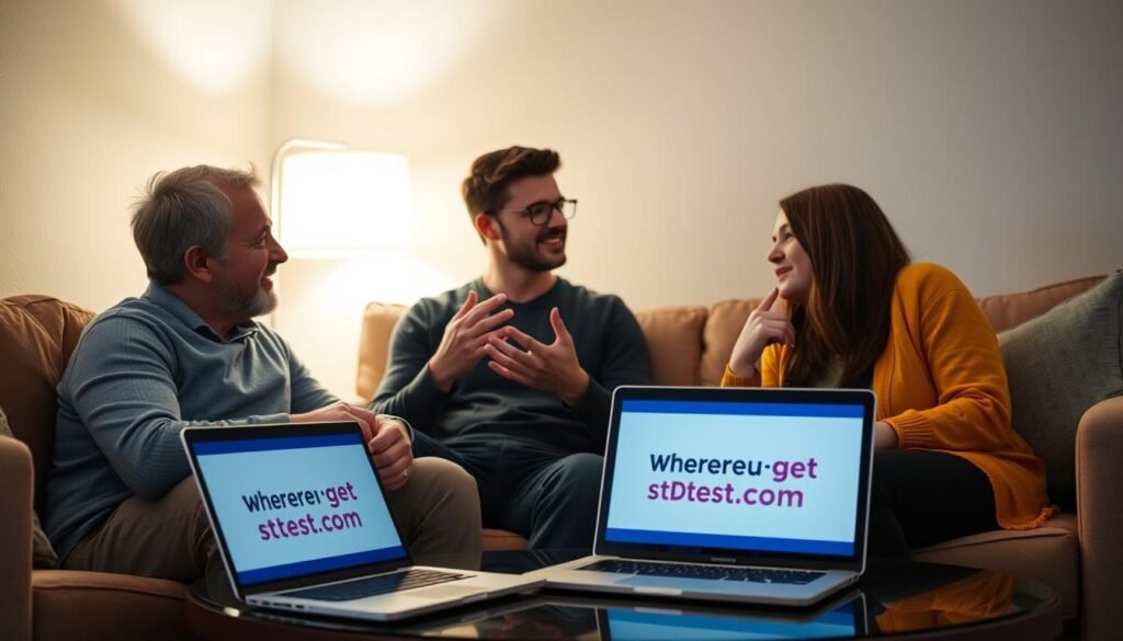 A cozy living room setting with three people in comfortable conversation. Soft lighting from a floor lamp creates a warm, intimate atmosphere. The individuals, diverse in gender and age, are leaning in towards each other, making direct eye contact and gesturing animatedly. On a nearby coffee table, a laptop displays the website "wheretogetstdtest.com", emphasizing the importance of open and responsible communication in polyamorous relationships. The overall scene conveys a sense of trust, understanding, and a shared commitment to sexual health and well-being.
