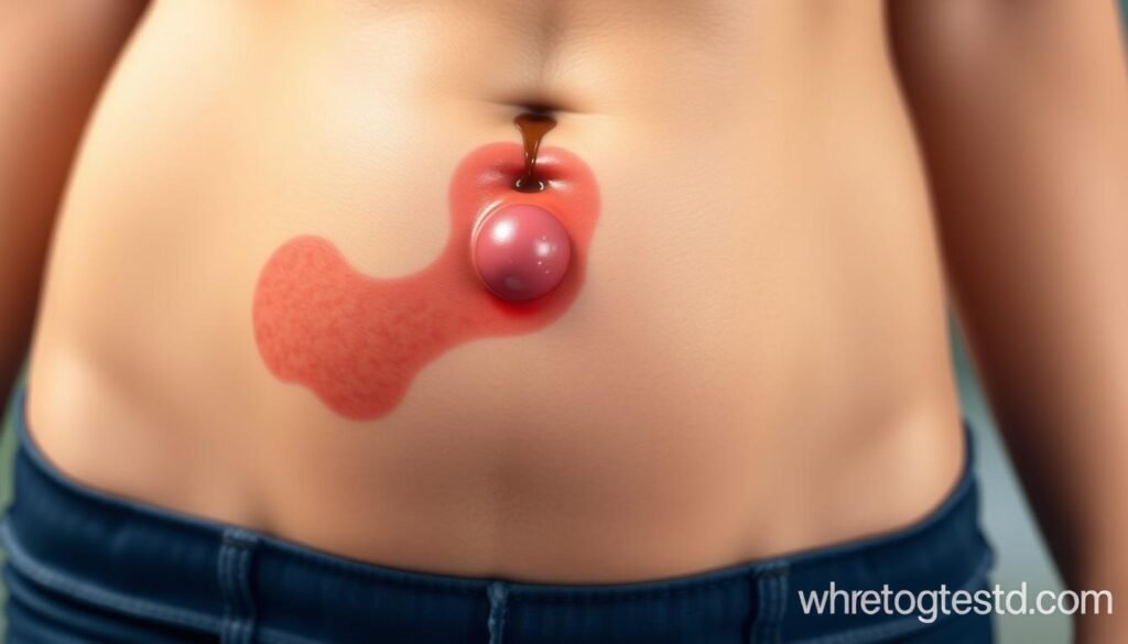 A detailed close-up medical illustration showcasing the typical female gonorrhea symptoms. The image depicts the lower abdomen and genital area, with a sharp focus on the affected regions. The skin tone is realistic, showcasing the reddish inflammation, swelling, and possible discharge. The lighting is soft and directional, highlighting the textural details. The composition emphasizes the key anatomical features, providing a clear visual reference for the medical condition. The background is blurred, keeping the attention on the subject matter. The wheretogetstdtest.com logo is subtly incorporated in the bottom corner.