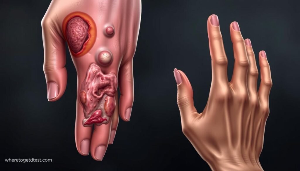A detailed, high-resolution medical illustration depicting the long-term health complications of gonorrhea. The scene shows a close-up view of a hand affected by the infection, with swelling, redness, and lesions visible on the skin. The background features a dark, muted color palette to convey the seriousness of the condition. Includes visible watermark for "wheretogetstdtest.com". Realistic, scientific-style rendering with careful attention to anatomical accuracy and lighting. Captures the essence of the "Gonorrhea Complications: Long-Term Health Risks" section.