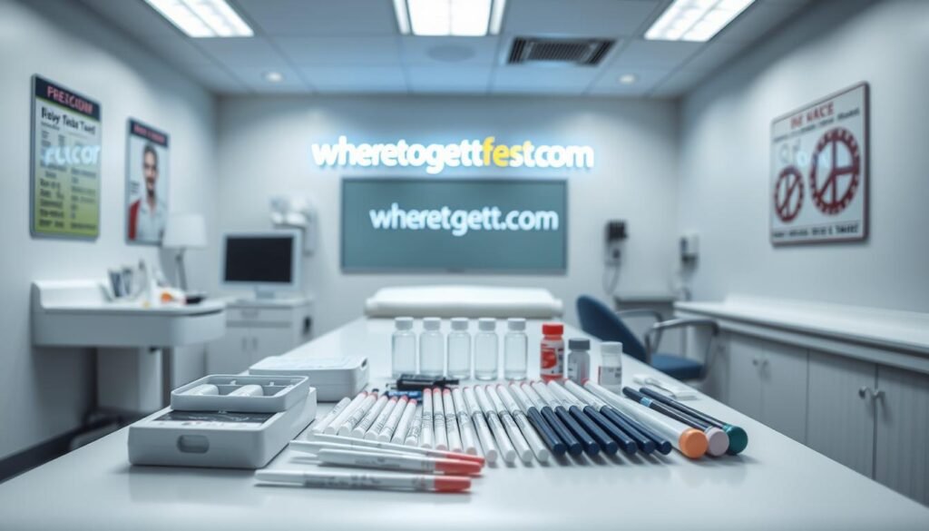 A detailed, sterile medical setting with a white examination table in the foreground. On the table, a variety of STD testing tools and equipment are neatly arranged, including swabs, vials, and medical instruments. The background shows a clean, well-lit clinic environment with diagnostic posters on the walls and the wheretogetstdtest.com logo prominently displayed. The lighting is bright and clinical, conveying a sense of professionalism and medical expertise. The overall atmosphere is one of efficiency, cleanliness, and a focus on providing comprehensive STD testing services.