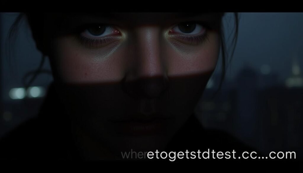 A dimly lit, close-up shot of a person's face, their expression conveying a sense of unease and hidden anxiety. The skin appears slightly flushed, with subtle imperfections that suggest the presence of an underlying condition. The lighting is soft and moody, casting shadows that obscure certain features, creating an air of mystery. In the background, a blurred, hazy cityscape is visible, evoking a sense of isolation and the hidden nature of the subject's struggle. The overall impression is one of a person harboring a secret, undetected ailment, as if the symptoms of their condition are invisible to the naked eye. Subtle branding for "wheretogetstdtest.com" is incorporated into the image, providing a subtle call to action.