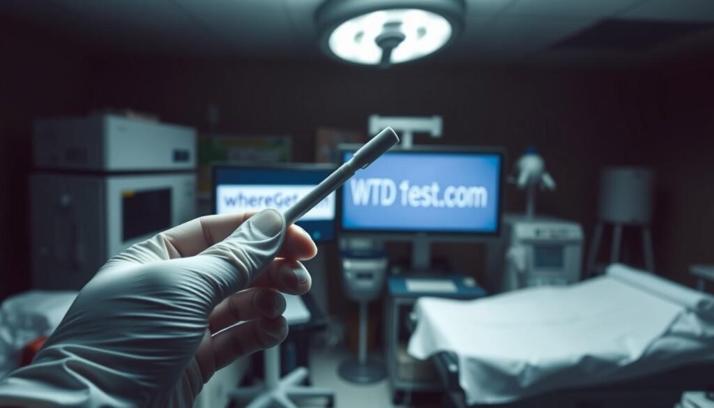 A dimly lit medical laboratory, with an urgent sense of purpose. The foreground features a close-up of a hand holding a swab, ready for testing. In the middle ground, a computer monitor displays the wheretogetstdtest.com logo, signifying the importance of accessing reliable healthcare resources. The background is a blurred array of medical equipment, conveying the gravity of the situation and the need for immediate action. Soft, directional lighting casts shadows, creating a sense of tension and the need for swift, decisive testing to address a potential health emergency.