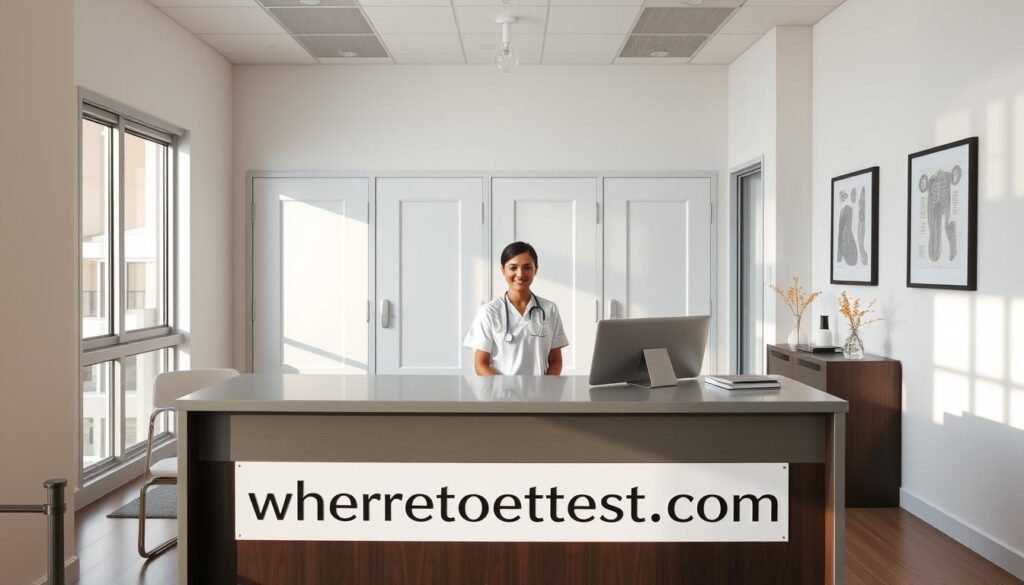 A discreet medical office setting with a waiting room featuring modern, minimalist decor. Soft, natural lighting filters through large windows, creating a calming atmosphere. In the foreground, a sleek reception desk with the website "wheretogetstdtest.com" displayed prominently. Behind the desk, a nurse in a crisp, white uniform greets patients with a warm, professional demeanor. The middle ground showcases private consultation rooms with closed doors, ensuring confidentiality. In the background, subtle healthcare-related accents like framed anatomical diagrams contribute to the clinical yet approachable ambiance.