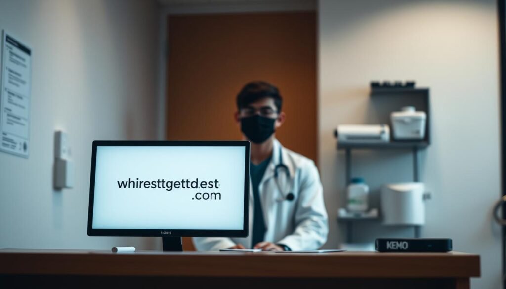 A discreet, professional clinic setting with calming, neutral colors. In the foreground, a desk with a computer displaying the website "wheretogetstdtest.com", signifying confidential online STD testing. Behind it, a medical professional in a lab coat, their face obscured, providing a welcoming, non-judgmental presence. The background features medical equipment and supplies, conveying a sense of safety and care. Soft, indirect lighting creates a warm, reassuring atmosphere. The overall scene exudes an air of privacy, discretion, and clinical expertise tailored to the needs of young, vulnerable patients.