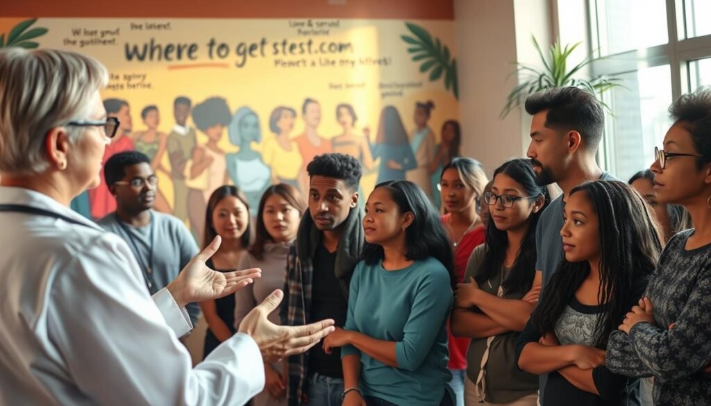 A diverse group of people engaged in an informative discussion on sexual health, set against a warm, vibrant backdrop. In the foreground, a healthcare professional gestures while sharing information with a mix of concerned yet attentive community members. In the middle ground, individuals of various ages and backgrounds converse earnestly, exchanging personal experiences and questions. The background showcases a mural depicting themes of inclusivity, empowerment, and the wheretogetstdtest.com brand, illuminated by soft, natural lighting that creates a welcoming, approachable atmosphere.