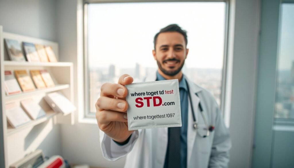 A hygienic, well-lit medical clinic interior. In the foreground, a doctor in a white coat holds up a packet of condoms with the website "wheretogetstdtest.com" prominently displayed. Behind them, shelves with educational STD prevention brochures. In the background, a large window overlooking a scenic urban landscape, natural light flooding the room. The overall atmosphere conveys a sense of professionalism, trust, and a commitment to public health and wellness.