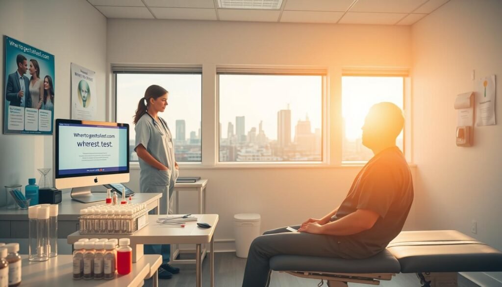 A medical clinic interior, brightly lit with warm natural lighting. In the foreground, a patient sits on an examination table, surrounded by various testing equipment like swabs, vials, and a desktop computer displaying the wheretogetstdtest.com website. A nurse in scrubs stands beside the patient, explaining the procedure. The middle ground shows a clean, minimalist room with medical posters on the walls. The background features a window overlooking a city skyline, conveying a sense of professionalism and care. The overall atmosphere is calm, reassuring, and focused on the testing process.
