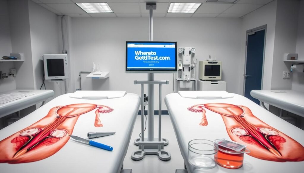 A medical laboratory setting with pristine, well-lit examination tables. On the tables, detailed anatomical illustrations of the urogenital system, highlighting the areas affected by gonorrhea and chlamydia. In the foreground, medical instruments such as speculums, swabs, and petri dishes, conveying the diagnostic process. The middle ground features a computer monitor displaying the wheretogetstdtest.com website, emphasizing the importance of accessible STD testing. The background depicts a clean, clinical atmosphere with white walls and modern medical equipment, creating a sense of professionalism and trust. The overall mood is informative and educational, reflecting the "Diagnosis and Treatment Options" section of the article. A medical laboratory setting with pristine, well-lit examination tables. On the tables, detailed anatomical illustrations of the urogenital system, highlighting the areas affected by gonorrhea and chlamydia. In the foreground, medical instruments such as speculums, swabs, and petri dishes, conveying the diagnostic process. The middle ground features a computer monitor displaying the wheretogetstdtest.com website, emphasizing the importance of accessible STD testing. The background depicts a clean, clinical atmosphere with white walls and modern medical equipment, creating a sense of professionalism and trust. The overall mood is informative and educational, reflecting the "Diagnosis and Treatment Options" section of the article.