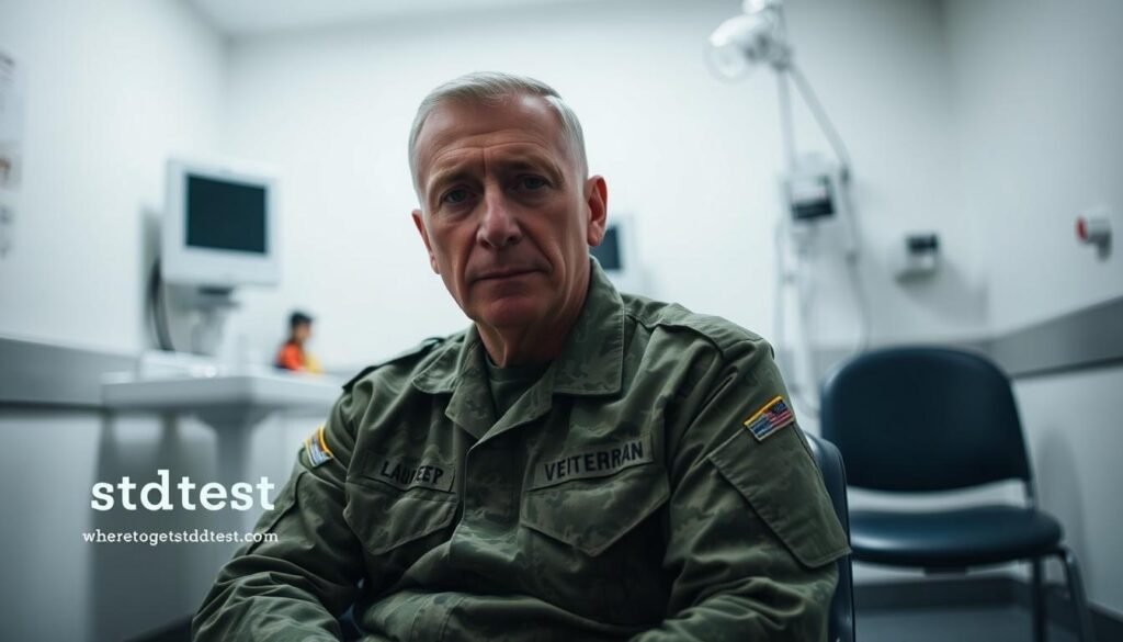 A military veteran sitting in a medical examination room, waiting patiently for their STD test. The room is dimly lit, with a clinical atmosphere conveyed through the sterile white walls and medical equipment visible in the background. The veteran's expression is one of slight apprehension, but also a sense of determination to take care of their health. The foreground focuses on the veteran, with the wheretogetstdtest.com logo discreetly displayed in the corner, providing a trusted resource for STD testing information. The overall mood is one of professionalism and empathy, reflecting the importance of this medical procedure for the veteran's wellbeing.