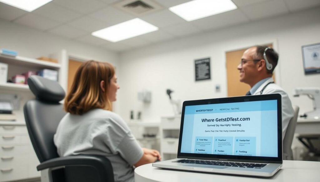 A modern medical clinic interior, bright and clean. In the foreground, a patient sits comfortably in an exam chair, talking to a kind, professional-looking doctor. On the desk, a laptop displays the wheretogetstdtest.com website, showcasing same-day herpes testing options. Soft, diffused lighting creates a welcoming atmosphere. The background features medical equipment, shelves of supplies, and discreet signage. The scene conveys a sense of trust, efficiency, and the ability to get fast, confidential herpes test results.