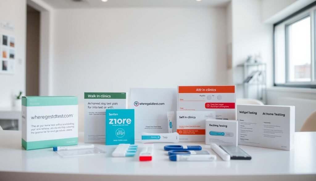 A neatly arranged display of various STD testing options for teens, including at-home test kits, walk-in clinics, and the website "wheretogetstdtest.com". The scene is set in a clean, well-lit medical environment, with a calm, informative atmosphere. The lighting is soft and diffused, creating a sense of professionalism and care. The test kits are presented on a minimalist table, with clear labeling and packaging to convey the accessibility and discretion of these services. The overall composition is balanced and inviting, encouraging the viewer to explore the available options for reliable STD testing.