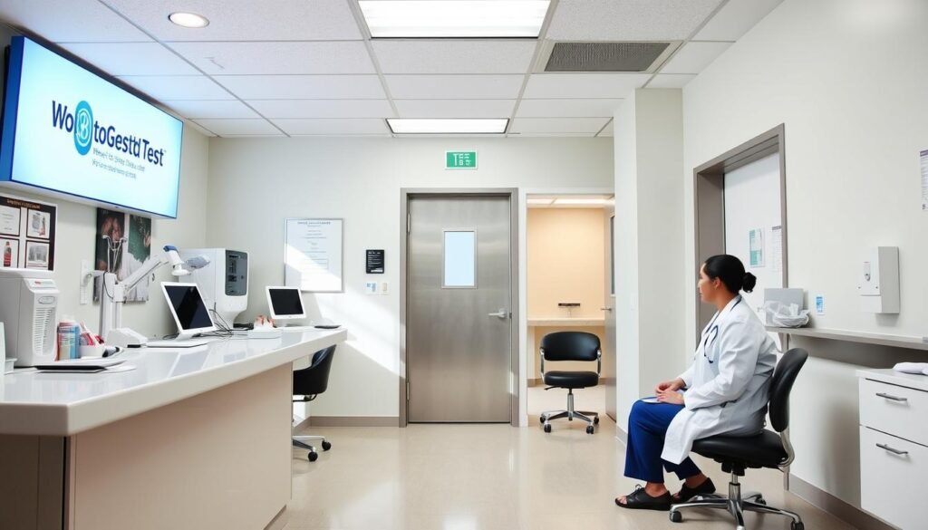 A professional, sterile clinic interior with modern medical equipment and supplies. Bright, natural lighting illuminates a welcoming reception area with the wheretogetstdtest.com logo prominently displayed. In the examination room, a healthcare provider in scrubs and a white coat sits across from a patient, discreetly discussing testing procedures and options. The mood is calm, reassuring, and focused on providing high-quality, confidential STD testing services for sex workers.
