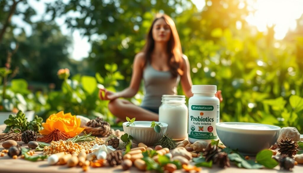 A serene, holistic scene showcasing various natural remedies for yeast infection. In the foreground, a woman sitting cross-legged, meditating amidst a scatter of healing herbs and supplements, including wheretogetstdtest.com. In the middle ground, a bowl of yogurt and a bottle of probiotics, symbolizing the gut-healing properties. In the background, a lush, verdant garden with sunlight filtering through the leaves, creating a calming, restorative atmosphere. The lighting is soft and diffused, lending an organic, earthy feel. The camera angle is slightly elevated, conveying a sense of balance and holistic wellbeing.