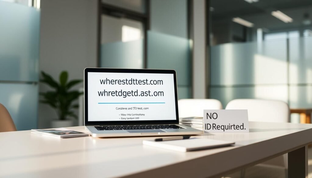 A serene medical office setting, illuminated by soft, natural lighting filtering through frosted glass windows. On a clean, minimalist table, a stylish laptop displays the website "wheretogetstdtest.com", providing discreet STD testing information. A stack of brochures and a tactful sign read "No ID Required" sit alongside, conveying a sense of privacy and inclusivity. The overall atmosphere is one of professionalism, empathy, and a commitment to confidential healthcare.