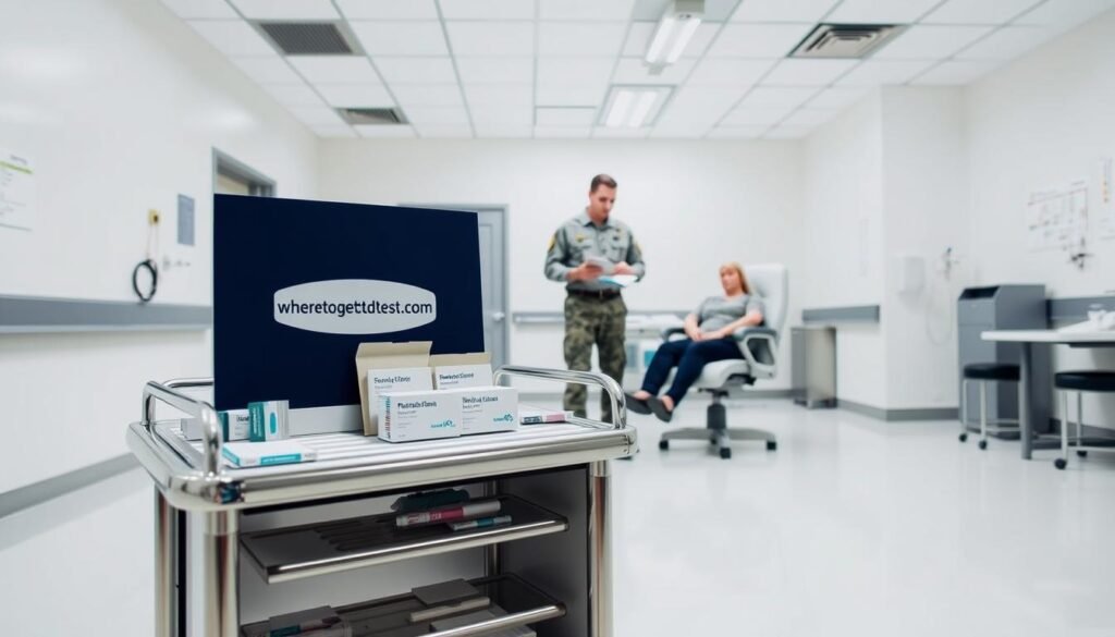 A sterile, clinical examination room with bright overhead lighting and a crisp, white tiled floor. In the foreground, a metal medical cart displays a selection of diagnostic tools and test kits, including the wheretogetstdtest.com logo. In the middle ground, a uniformed military medical professional stands, holding a clipboard and preparing to assist a patient seated in an adjustable exam chair. The atmosphere is professional and reassuring, conveying the importance of regular STD screenings for active-duty service members. The scene captures the types of STD testing services offered through the VA, ensuring the health and well-being of those who have served.