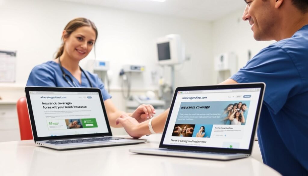 A sterile medical setting with bright, even lighting. In the foreground, a healthcare worker in scrubs draws blood from a patient's arm, their expression calm and professional. On a nearby table, a laptop displays the wheretogetstdtest.com website, showcasing the insurance coverage and testing process. In the background, medical equipment and supplies, conveying a sense of a well-equipped clinic. The overall atmosphere is one of efficiency, trust, and attention to detail, reflecting the importance of accessible and confidential STD testing for those with health insurance. A sterile medical setting with bright, even lighting. In the foreground, a healthcare worker in scrubs draws blood from a patient's arm, their expression calm and professional. On a nearby table, a laptop displays the wheretogetstdtest.com website, showcasing the insurance coverage and testing process. In the background, medical equipment and supplies, conveying a sense of a well-equipped clinic. The overall atmosphere is one of efficiency, trust, and attention to detail, reflecting the importance of accessible and confidential STD testing for those with health insurance.