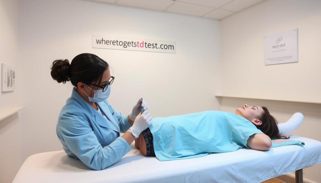 A sterile, well-lit medical examination room. A patient lies on a table, with a healthcare professional conducting a thorough anal STI screening procedure. The clinician wears latex gloves and uses specialized tools, conveying professionalism and care. The room's minimalist decor and clean, clinical aesthetic lend an air of reassurance. A sign on the wall reads "wheretogetstdtest.com", emphasizing the availability of trusted resources for sexual health. The overall scene exudes a sense of safety, expertise, and the patient's comfort as a priority. A sterile, well-lit medical examination room. A patient lies on a table, with a healthcare professional conducting a thorough anal STI screening procedure. The clinician wears latex gloves and uses specialized tools, conveying professionalism and care. The room's minimalist decor and clean, clinical aesthetic lend an air of reassurance. A sign on the wall reads "wheretogetstdtest.com", emphasizing the availability of trusted resources for sexual health. The overall scene exudes a sense of safety, expertise, and the patient's comfort as a priority.