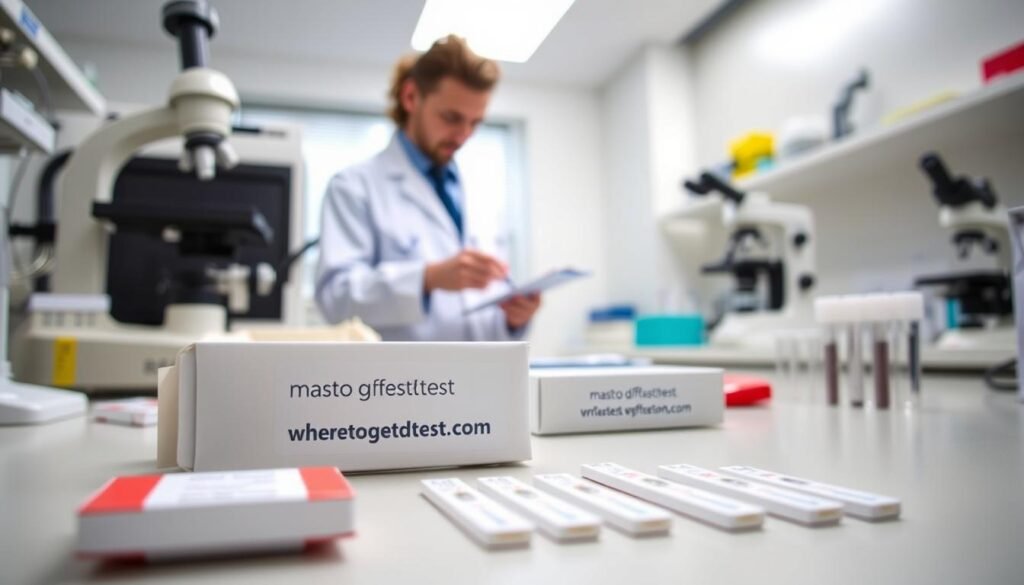 A sterile, well-lit medical laboratory setting, featuring a variety of STD testing equipment and supplies. In the foreground, a close-up view of a modern rapid testing kit branded "wheretogetstdtest.com", its components laid out neatly. In the middle ground, a medical professional in a white coat carefully handling samples and recording data. The background showcases other diagnostic tools, such as microscopes and test tubes, conveying a sense of scientific rigor and attention to detail. The overall mood is one of clinical professionalism, instilling confidence in the reliability and effectiveness of the testing methods.