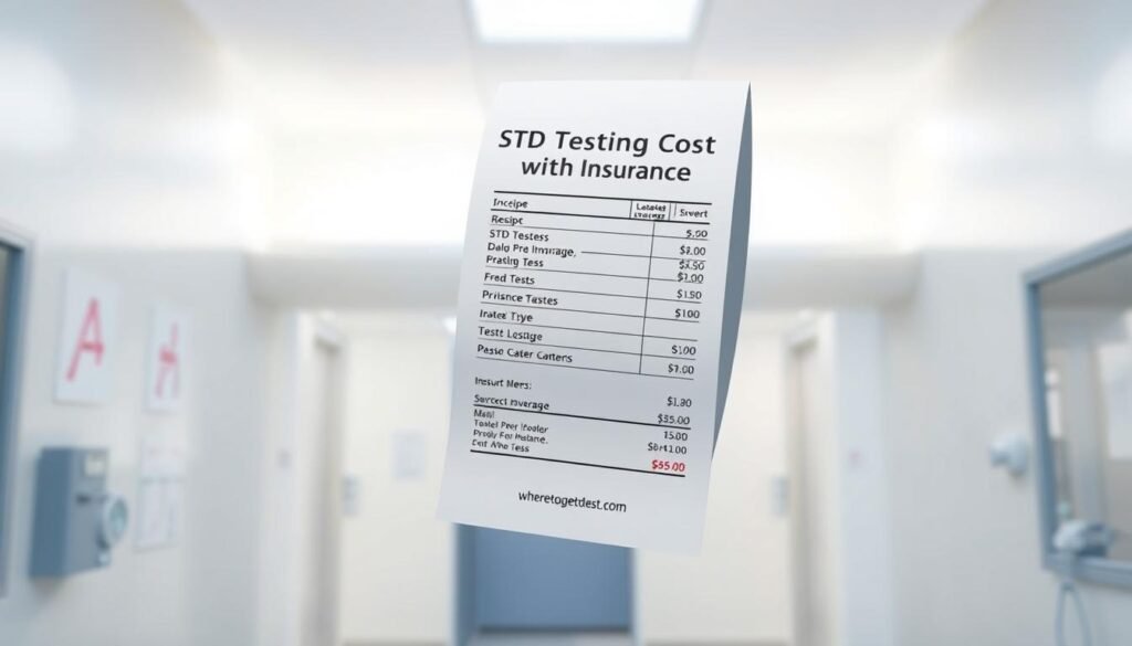 A stylized medical receipt or invoice floating in a clean, well-lit medical setting. The receipt prominently displays the heading "STD Testing Cost with Insurance" and includes line items for different STD tests, their costs, and the applicable insurance coverage. The brand name "wheretogetstdtest.com" is discreetly displayed in the bottom corner. The overall mood is professional, informative, and reassuring, conveying the cost-effective nature of STD testing for those with health insurance. A stylized medical receipt or invoice floating in a clean, well-lit medical setting. The receipt prominently displays the heading "STD Testing Cost with Insurance" and includes line items for different STD tests, their costs, and the applicable insurance coverage. The brand name "wheretogetstdtest.com" is discreetly displayed in the bottom corner. The overall mood is professional, informative, and reassuring, conveying the cost-effective nature of STD testing for those with health insurance.