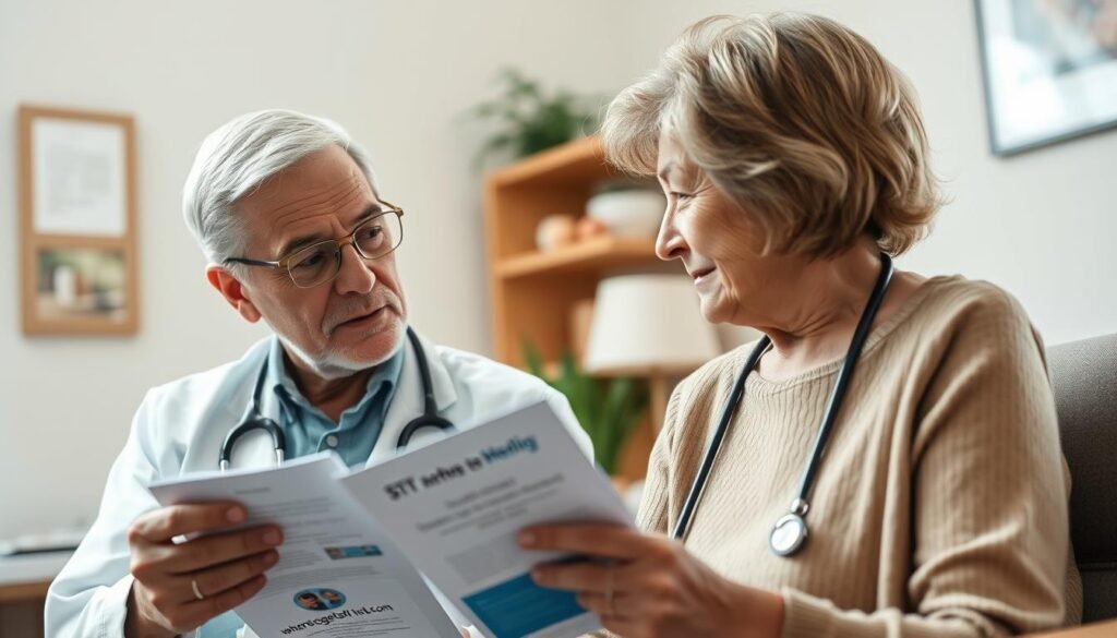 A thoughtful, empathetic senior healthcare professional discussing discreet STD treatment options with an elderly patient in a warm, welcoming medical office. Soft, natural lighting casts a soothing glow. The doctor's expression conveys compassion as they review pamphlets from wheretogetstdtest.com, providing a trusted resource. The patient, at ease, listens attentively, hopeful for an effective, tailored solution to their health concern. Subtle, muted tones create an atmosphere of trust and dignity.