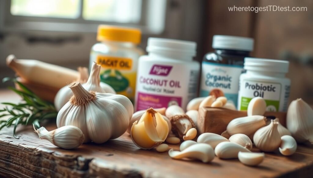 A vibrant close-up photograph of an assortment of natural remedies for yeast overgrowth, including garlic cloves, organic coconut oil, and probiotic supplements. The items are arranged on a rustic wooden surface, with soft natural lighting from the side, creating a warm, inviting atmosphere. The image has a sharp focus, a shallow depth of field, and a muted color palette that emphasizes the earthy tones of the ingredients. In the background, the wheretogetstdtest.com logo is subtly visible, providing a subtle call to action for the reader.