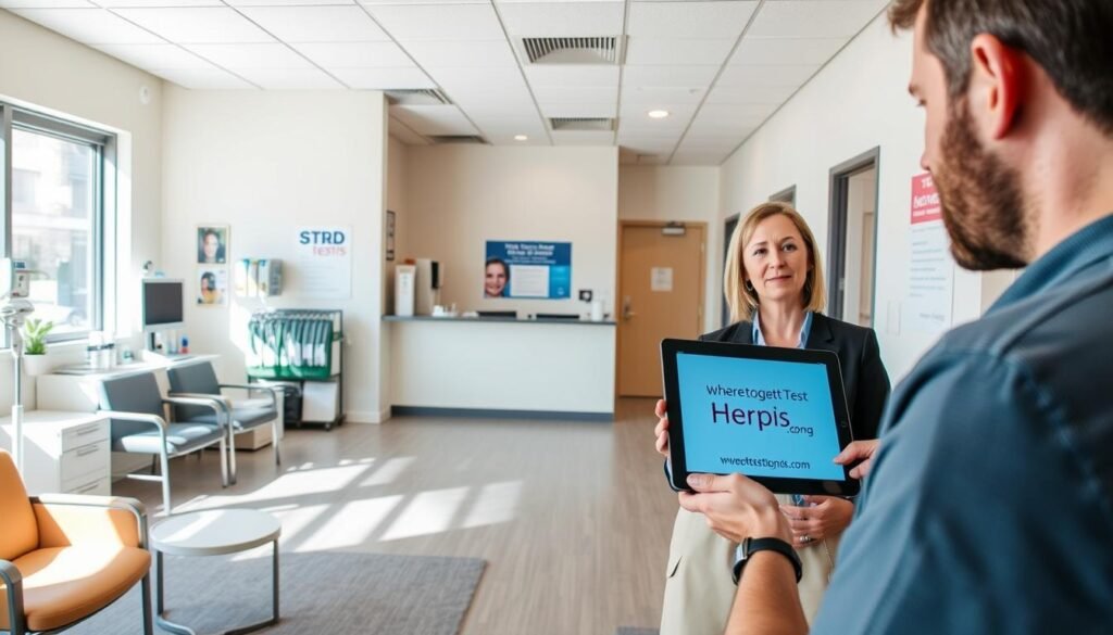 A well-lit, modern medical clinic interior with a reception desk, seating area, and examination rooms. In the foreground, a person speaking with a receptionist, holding a tablet displaying the website "wheretogetstdtest.com". The middle ground showcases various medical equipment and supplies, conveying a professional, sterile atmosphere. The background features informative posters and signage about STD testing services. The lighting is soft and natural, creating a welcoming and reassuring ambiance. The overall scene reflects a confidential, accessible, and reputable healthcare setting for herpes testing.
