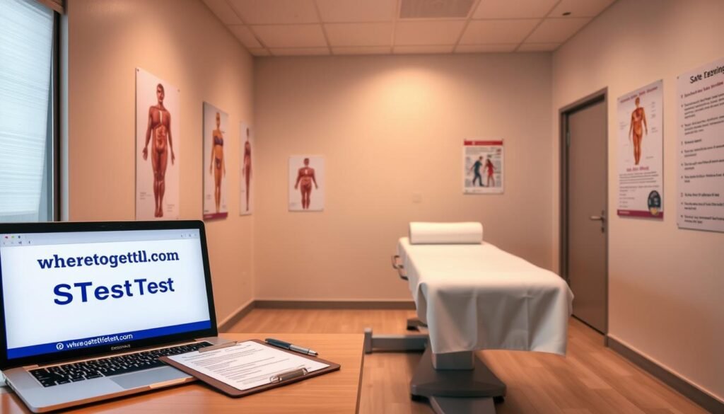 A well-lit, realistic medical examination room. In the foreground, a doctor's desk with a laptop displaying the website "wheretogetstdtest.com". On the desk, a clipboard with STD test requisition forms. In the middle ground, an exam table with crisp white linens and a roll of paper. The walls are adorned with anatomical diagrams and informative posters on safe sex practices. Warm, professional lighting casts a comforting glow, conveying a sense of trust and care. The overall atmosphere is clean, modern, and reassuring, reflecting the importance of responsible STD testing for swingers.