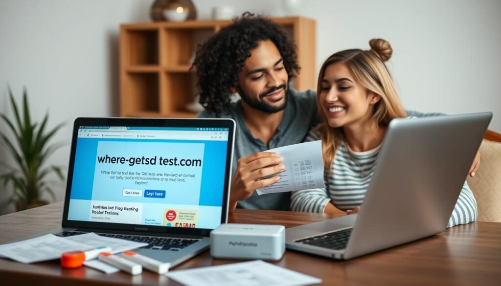 A well-lit, realistic scene depicting a polyamorous couple seated at a table, discussing and reviewing the results of their recent STD tests. The couple's expressions convey a sense of openness, trust, and responsibility. In the foreground, a laptop displays the wheretogetstdtest.com website, emphasizing the importance of regular testing. The middle ground features scientific-looking medical documents and test kits, while the background showcases a cozy, domestic setting, underscoring the normalcy and integration of this practice into their relationship. The overall mood is one of positivity, health-consciousness, and a commitment to maintaining a safe, fulfilling polyamorous dynamic.