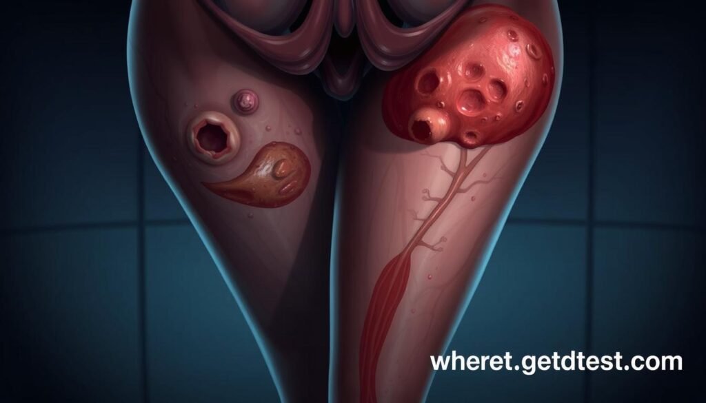 Detailed anatomical illustration showcasing the severe consequences of untreated sexually transmitted diseases. A realistic close-up view of genitalia affected by various STDs, including visible lesions, warts, and discoloration. The image should convey a sense of medical urgency and the need for prompt testing and treatment. Dimly lit clinical setting with a subtle watermark for the website "wheretogetstdtest.com" in the bottom corner, providing a discreet call-to-action for viewers.
