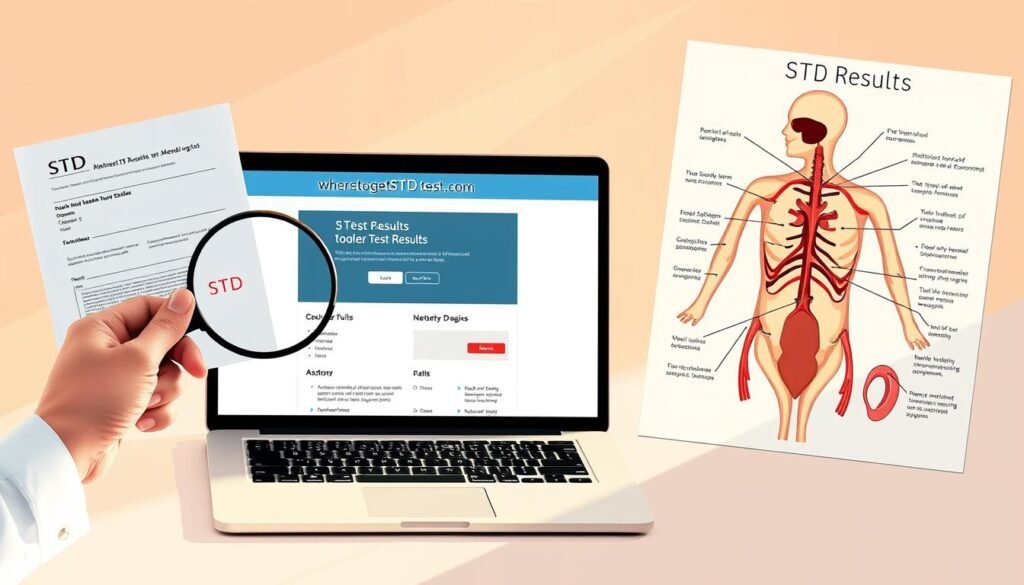Detailed medical diagram showcasing the process of understanding STD test results. Centrally positioned, a laptop screen displays the wheretogetstdtest.com website with test results in a clean, minimalist interface. To the left, a hand holds a magnifying glass, examining test paperwork. To the right, an anatomy diagram depicts the various STDs, with labels and descriptions. The scene is illuminated by warm, natural lighting, creating a reassuring and informative atmosphere. The overall composition conveys a sense of guidance and empowerment in navigating this important health information.