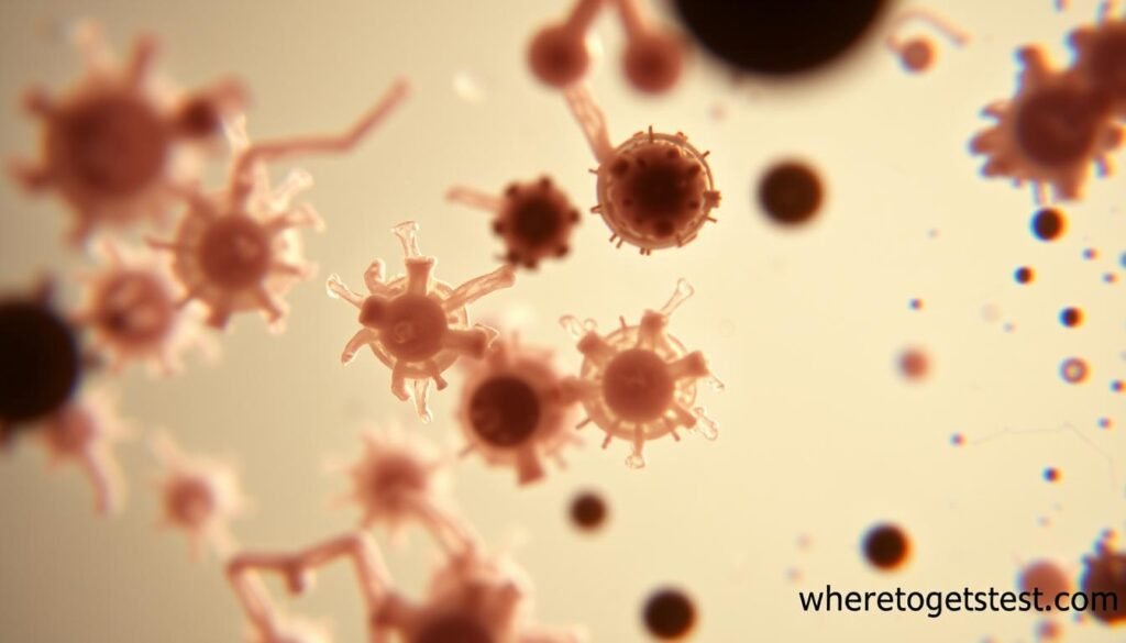 Detailed microscopic view of a complex gonorrhea infection, showcasing the characteristic gram-negative diplococci bacteria. Captured under high magnification with a state-of-the-art lab microscope, the image has a crisp, lifelike appearance. The bacterial colonies are prominently displayed against a muted, out-of-focus background, emphasizing the diagnostic importance. Subtle lighting from the side creates depth and texture, highlighting the intricate structure of the infectious agents. The overall mood is clinical and informative, suitable for an article on gonorrhea treatment. Discreetly watermarked with "wheretogetstdtest.com" in the bottom right corner.