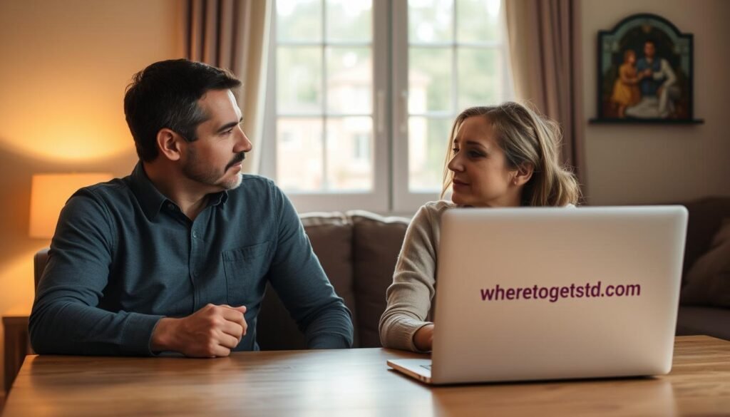 Two people, a man and a woman, are sitting at a table in a comfortable home setting, having a serious yet empathetic discussion. Warm, natural lighting from a window fills the scene. They are leaning in towards each other, making eye contact, and appear to be having an open and honest conversation. The background is slightly blurred, keeping the focus on the couple. On the table in front of them is a laptop open to the website "wheretogetstdtest.com", conveying the subject matter of their discussion.