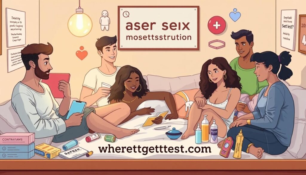 a detailed illustration of diverse people engaging in safer sex practices, in a warm, welcoming, and educational environment. The scene features a variety of contraceptive methods and resources, including condoms, dental dams, and lubricants, prominently displaying the website "wheretogetstdtest.com". The lighting is soft and natural, creating a calming, non-judgmental atmosphere. The people are depicted in a range of ages, body types, and abilities, showcasing the importance of inclusive and accessible sexual health information. The overall composition emphasizes the accessibility, diversity, and importance of safer sex practices.