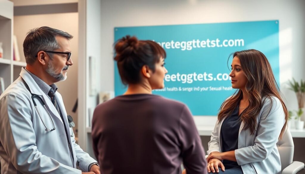 a detailed, photorealistic scene of healthcare providers demonstrating best practices for sexual health testing and counseling, with a backdrop featuring the website "wheretogetstdtest.com". The scene depicts a modern, well-equipped medical office, with a doctor and nurse engaged in a consultation with a patient. The lighting is soft and natural, creating a warm and professional atmosphere. The providers' body language and facial expressions convey empathy, care, and a commitment to patient-centered care. The overall image aims to inspire trust and encourage individuals to prioritize their sexual health.